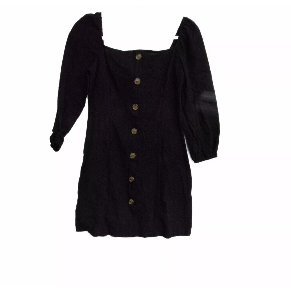 Vestidos Womens Black Shirt Dress Solid Full Button Square Neck Long Sleeve S